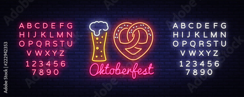 Neon Poster to oktoberfest festival vector. I Love Oktoberfest Concept Neon Sign vector engraving illustration for invitation to party. Design Template, light banner. Vector. Editing text neon sign
