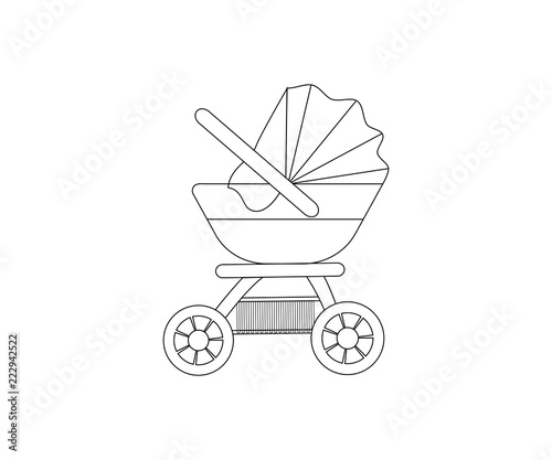 Outline illustration of Pink Baby stroller. Vector icon.