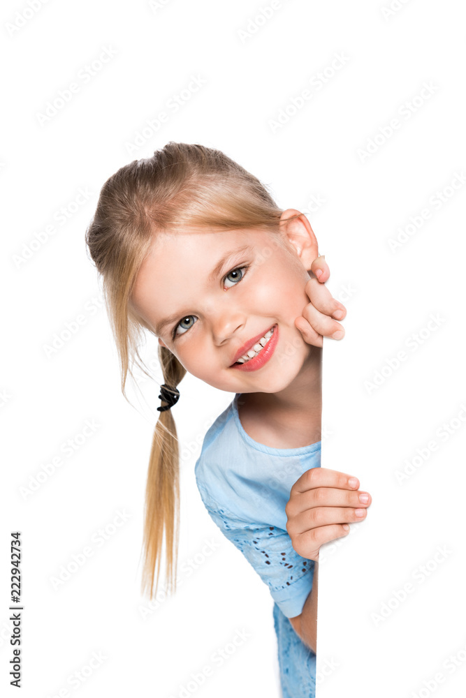 smiling child with empty board isolated on white smiling child with empty board isolated on white