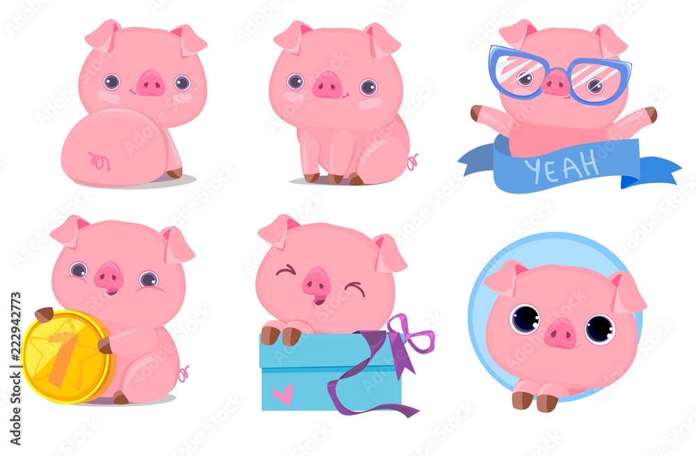 Cute Pig Set Vector Illustration. Cartoon Character