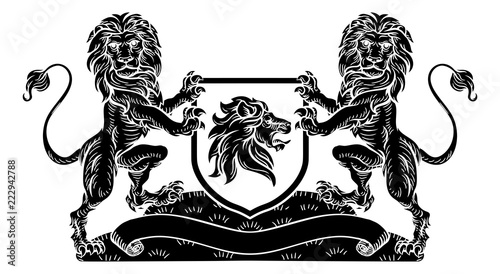 A medieval heraldic coat of arms emblem featuring lion supporters flanking a shield charge in a vintage retro woodcut style.