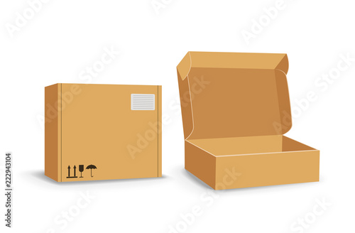 Carton packaging box. Brown delivery set of different sized packages with postal signs of fragile vector illustration. Set of closed and open cardboard boxes on white background.