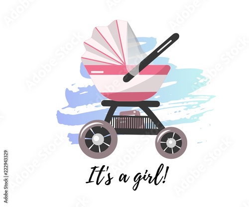 Illustration of Pink Baby stroller for baby girl with bag. Vector icon.