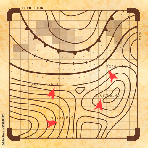 Retro battle plan with targets, vintage map on old yellow paper