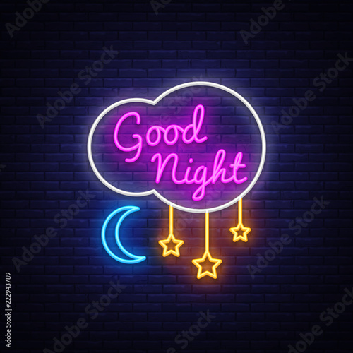 Good Night Neon Sign Vector. Good Night neon text, design template, modern trend design, night neon signboard, night light advertising, light banner, light art. Vector illustration