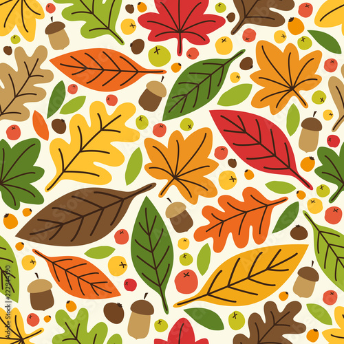 Cute autumn seamless pattern with rustic hand drawn leaves