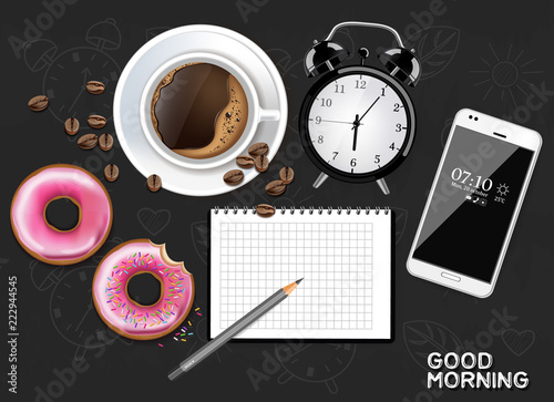 Morning coffee with alarm clock and phone Vector realistic. Dark background. ...