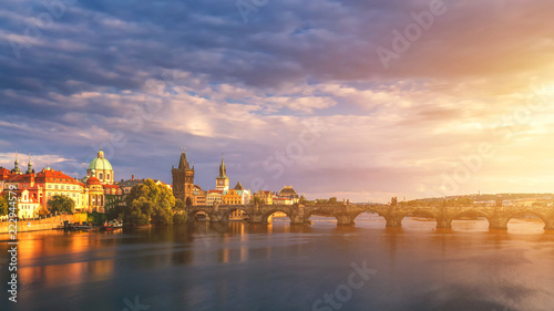 Prague Scenic spring sunset aerial view of the Old Town pier architecture and Charles Bridge over Vltava river in Prague  Czech Republic