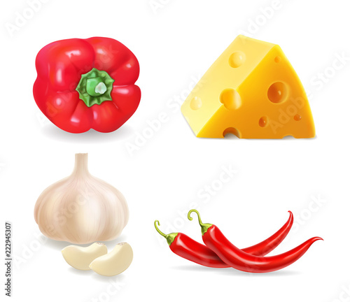 Food flavors for snacks. Chili peppers, paprika, cheese and garlic