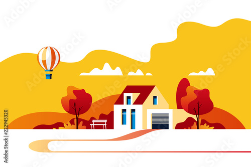 Autumn landscape. Suburban traditional  house. Family home. Vector illustration.