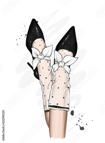 Female legs in stylish shoes with heels and lace socks. Fashion and style, clothing and accessories. Footwear. Vector illustration for a postcard or a poster, print for clothes. Vintage and retro.
