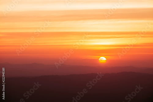 Fototapeta Naklejka Na Ścianę i Meble -  Dramatic sunset and sunrise over mountain morning twilight evening sky.
