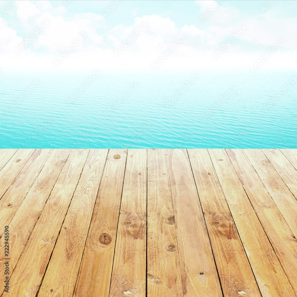 Surface of ocean water with wood floor background Surface of ocean water with wood floor background