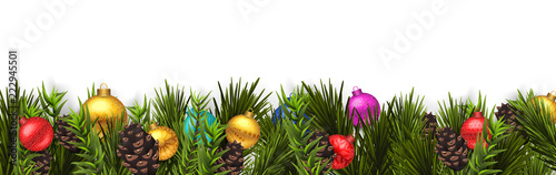 Christmas border (Weihnachten Girlande) with fir branches, pine cones, holly, and string lights. Merry Christmas background with open space for your text.
