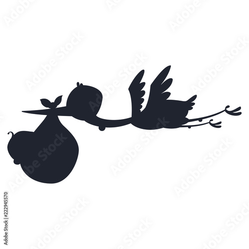 Silhouette cartoon stork and baby. Vector illustration of a flying bird carrying a newborn kid isolated on a white background.