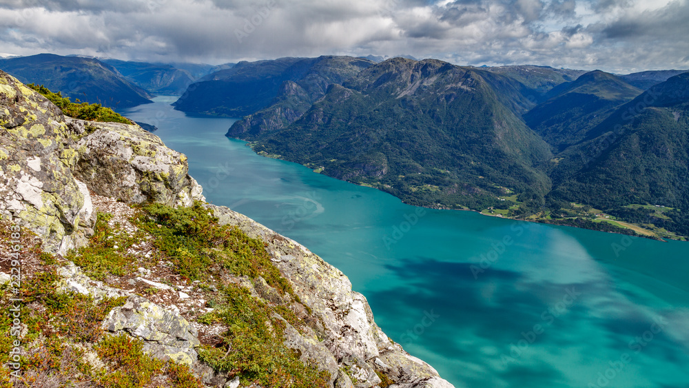 Impressive Sognefjord top view with bright water