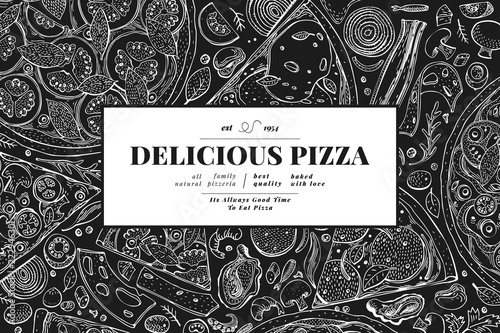 Italian pizza and ingredients frame. Italian food banner design template. Vintage hand drawn vector illustration on chalk board. Can be use for menu or packaging.