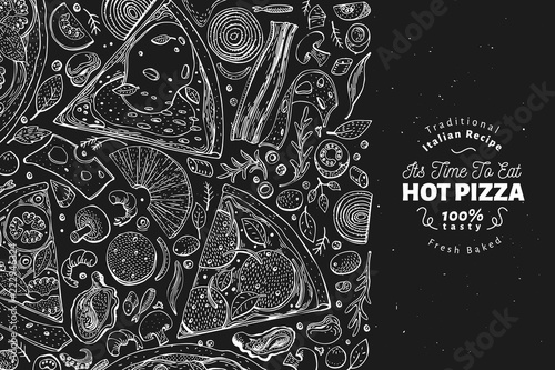 Italian pizza and ingredients frame. Italian food banner design template. Vintage hand drawn vector illustration on chalk board. Can be use for menu or packaging.