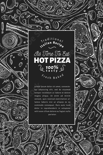 Italian pizza and ingredients frame. Italian food banner design template. Vintage hand drawn vector illustration on chalk board. Can be use for menu or packaging.