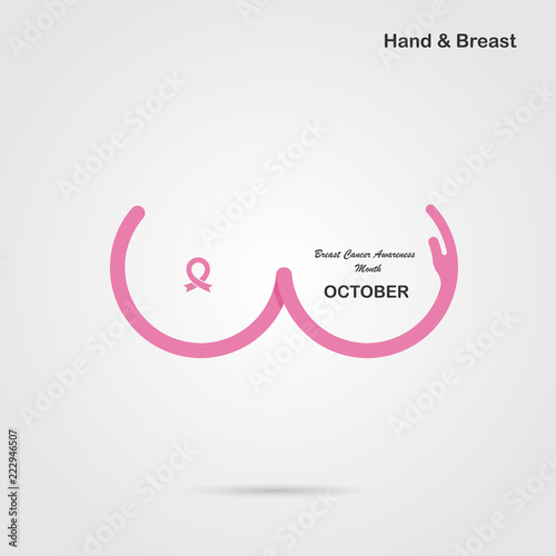 Hand shape & Breast icon.Breast Cancer October Awareness Month Campaign banner.Women health concept.Breast cancer awareness month logo design.Realistic pink ribbon.Pink care logo.Vector illustration