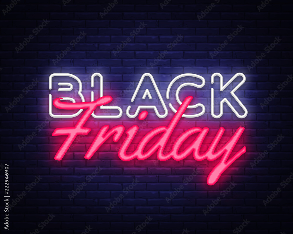 Black Friday Sale neon text vector design template. Black Friday Sale neon logo, light banner design element colorful modern design trend, night bright advertising, bright sign. Vector illustration