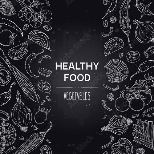 Vector hand drawn background with vegetables - tomato, pepper, onion. Healthy vegan food sketch illustration in chalkboard style. Design for shop, book, menu, poster, banner.