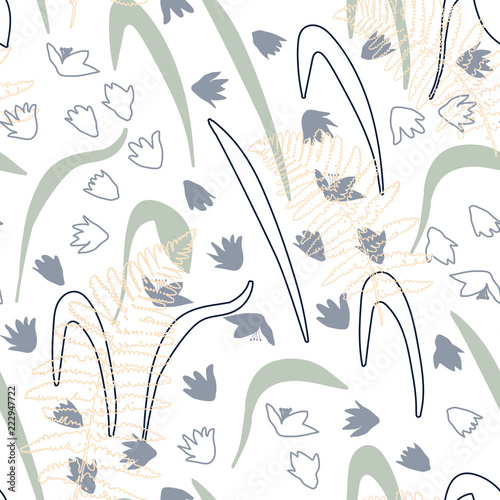 Vector floral seamless pattern with hand drawn scilla or snowdrop flowers and fern leaves. Modern decorative background in pastel colors.