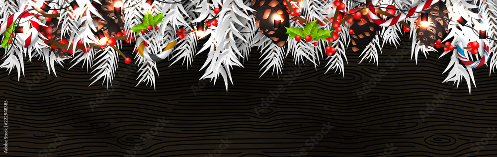 Obraz premium Christmas border (Weihnachten Girlande) with fir branches, pine cones, holly, and string lights. Merry Christmas background with open space for your text.
