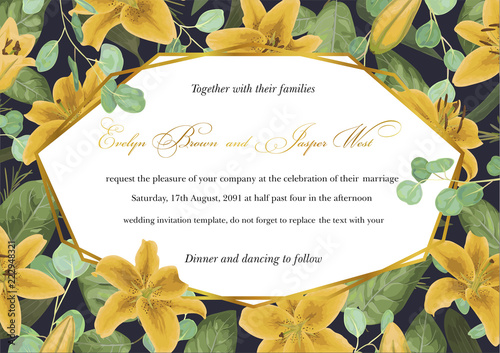 Wedding floral invitation, invite card. Vector watercolor style, forest greenery, herbs, eucalyptus, leaves lilly, botanical green, horizontal geometric golden frame
