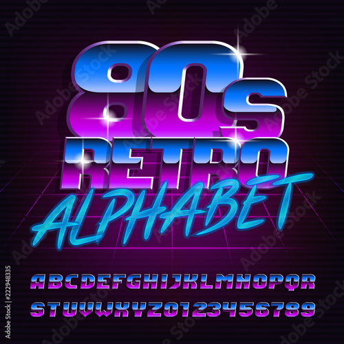 80s retro alphabet font. Uppercase italic letters and numbers. Stock vector typeface for your design.