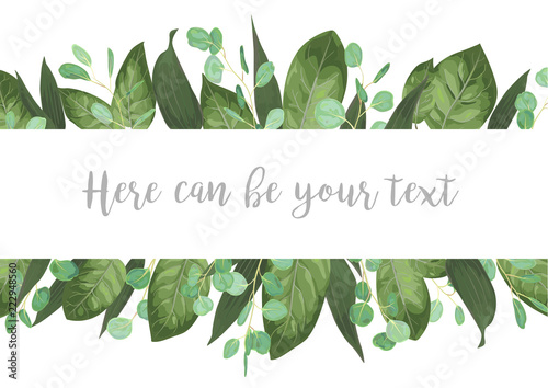 Wedding invite invitation card vector floral greenery design. Forest greenery, herbs, eucalyptus, leaves lilly, botanical green. Greeting Watercolor