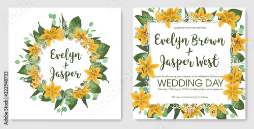 Set wedding invitation cards, invite a card. Vector watercolor style, forest greens, greens, eucalyptus, yellow lilly, botanical green. Round and square exquisite white frame