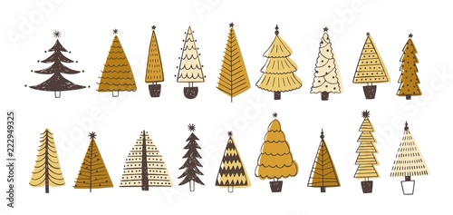Set of various firs, pines or spruces decorated with baubles. Bundle of winter coniferous forest Christmas trees isolated on white background. Colored holiday vector illustration in doodle style.