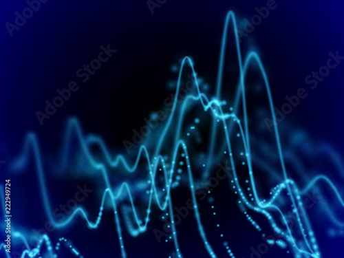 Big data abstract visualization: business charts analytics. 3D Sound waves. Digital surface with flowing curves. Futuristic technology background.Blue sound waves, EPS 10 vector illustration.