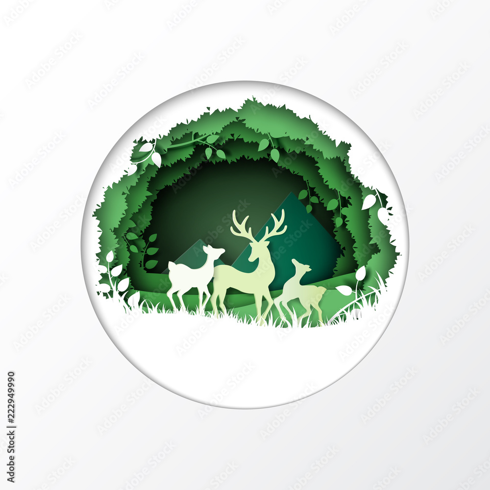 Nature concept with ecology and environment  forest and  deers wildlife with natural background layers paper art   illustration. Stock Vector | Adobe Stock
