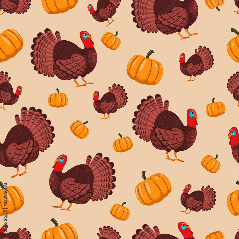 Turkey bird and pumpkin vector seamless pattern for holiday