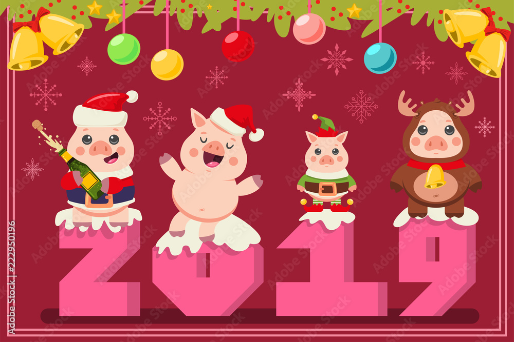 Christmas 2019 greeting card with funny pigs in Santa Claus, elf and reindeer costumes. Vector cartoon illustration with cute animals symbols of the 2019 Chinese New Year. Christmas 2019 greeting card with funny pigs in Santa Claus, elf and reindeer costumes. Vector cartoon illustration with cute animals symbols of the 2019 Chinese New Year.