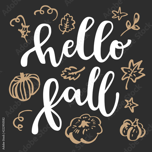 Hello Fall. Autumn and Thanksgiving modern calligraphic hand drawn greeting card