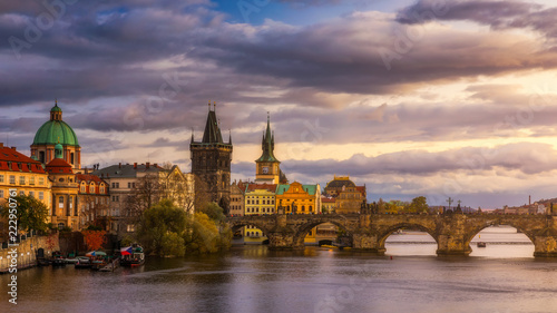 Prague Scenic spring sunset aerial view of the Old Town pier architecture and Charles Bridge over Vltava river in Prague, Czech Republic © daliu