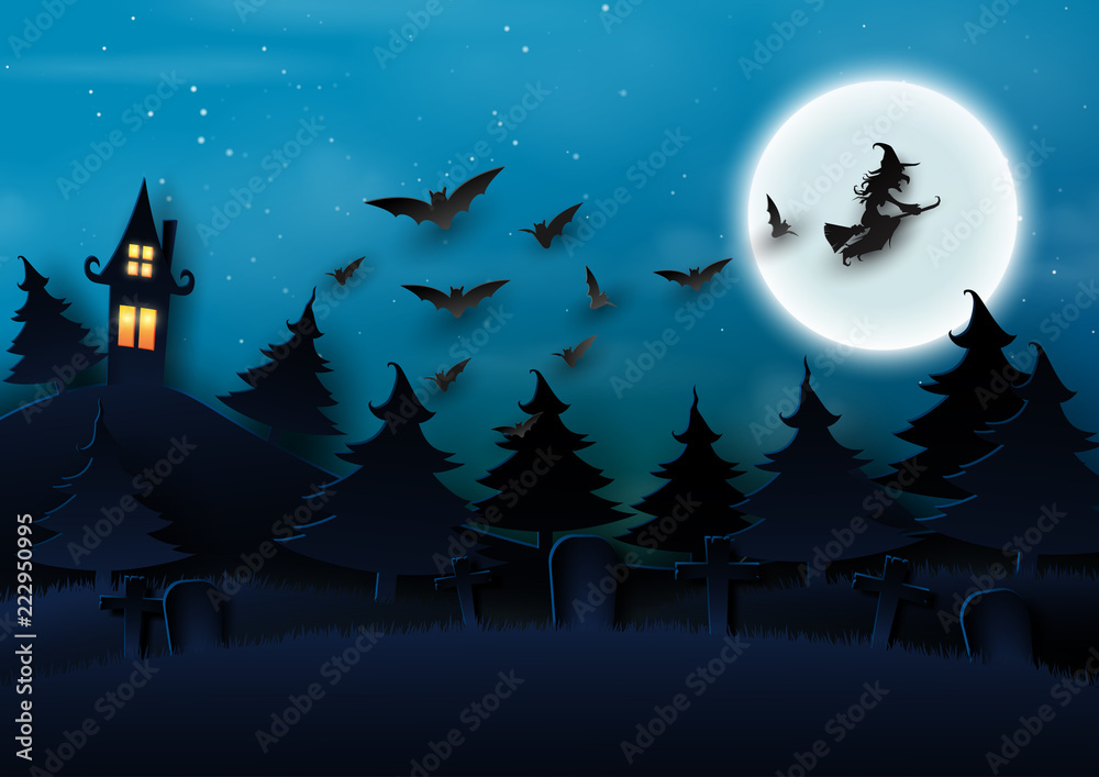 Paper art of halloween night background.Dark castle and full moon with the witch and bats.Vector illustration.