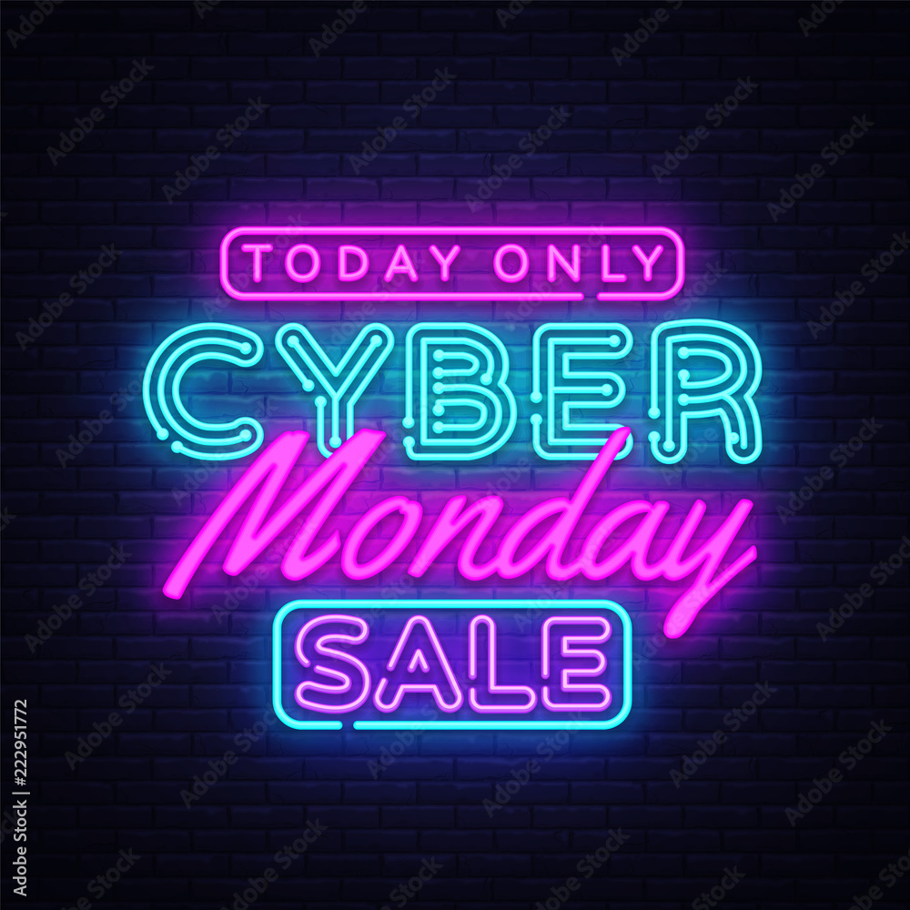 Cyber Monday banner in fashionable neon style, luminous signboard