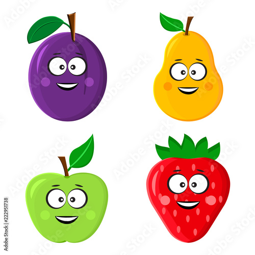 Funny fruit emoticon. Stylized character. Plum, pear, apple and strawberry. Vector illustration
