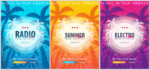 Set of Beautiful flyers for summer party. Radio Music. Vector illustration. Invitation to nightclub.