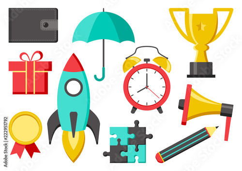 Set of icons for business or education. Wallet, umbrella, cup, medal, rocket, pencil, megaphone, alarm clock, puzzle, gift. Vector illustration