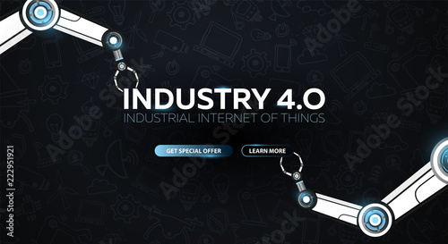 Industry 4.0 banner with robotic arm. Smart industrial revolution, automation, robot assistants. Vector illustration.