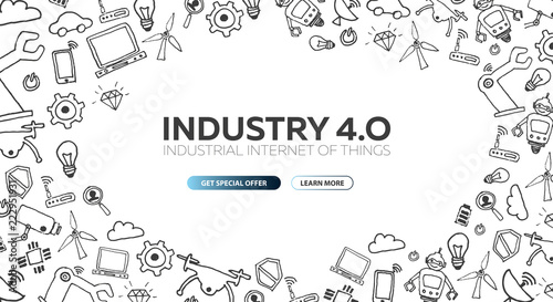 Industry 4.0 banner. Smart industrial revolution  automation  robot assistants. Vector illustration.