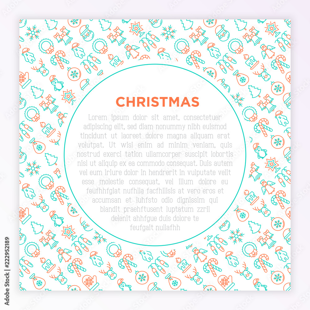 Christmas concept with thin line icons: Santa Claus, snowflake, reindeer, wreath, candy cane, polar bear in hat, angel, mitten, penguin, garland. Vector illustration for banner, print media. Christmas concept with thin line icons: Santa Claus, snowflake, reindeer, wreath, candy cane, polar bear in hat, angel, mitten, penguin, garland. Vector illustration for banner, print media.
