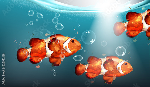 Golden fish watercolor Vector. Small fishes underwater backgrounds. Water bubbles and lights