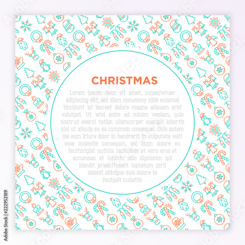 Christmas concept with thin line icons: Santa Claus, snowflake, reindeer, wreath, candy cane, polar bear in hat, angel, mitten, penguin, garland. Vector illustration for banner, print media.