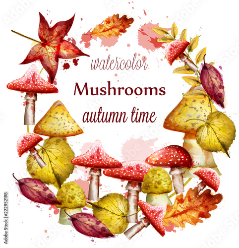 Autumn wreath with red Mushrooms watercolor Vector. Fall season round frames